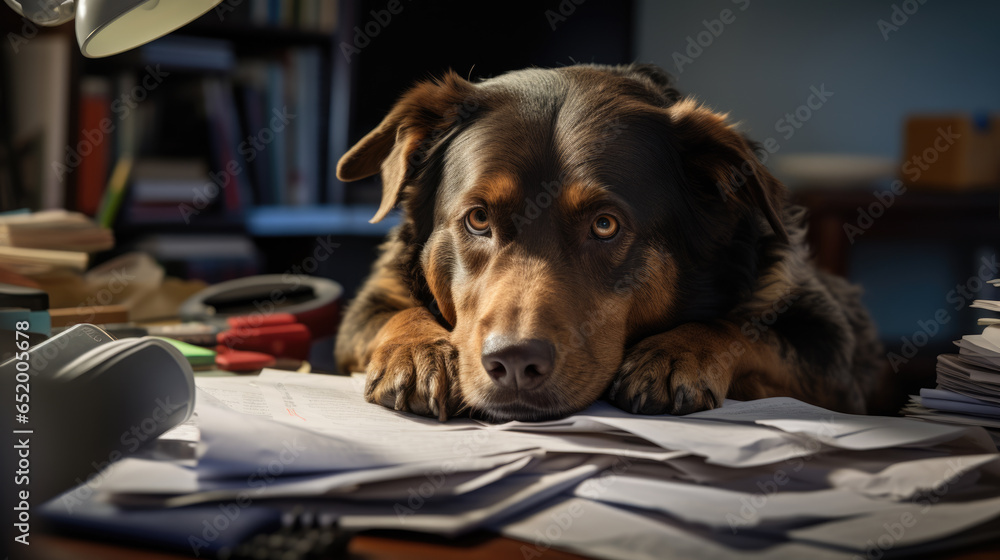 Serious dog in the form of an accountant or businessman sitting at a desk with a bunch of different papers and documents