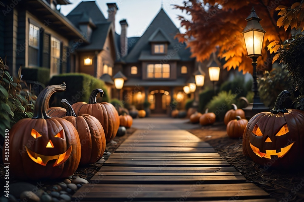 Fototapeta premium close up of driveway, halloween town, pumpkins in the garden, warm autumn dusk, earthtones and hues, matte painting&nbsp;style,&nbsp;liminal Generative AI