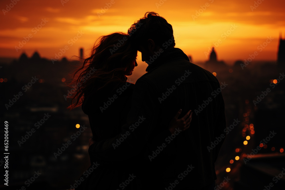 Silhouettes of man and woman in evening city