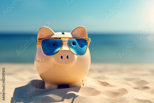 Piggy bank wearing sunglasses in the beach. Travel saving concept