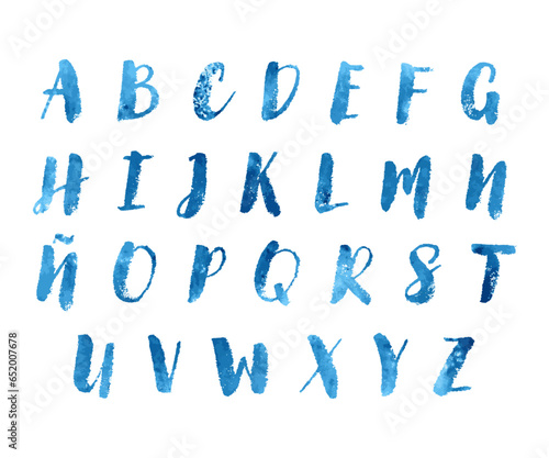 Blue Watercolor Alphabet Vector. Aquarelle Elements Font Type