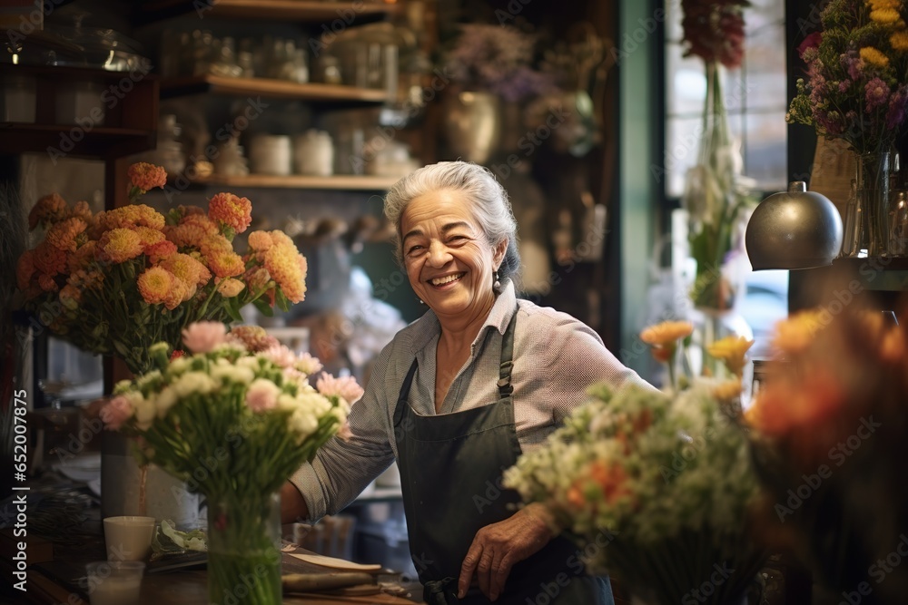 senior person in her flower shop smiling senior person in her flower shop smiling