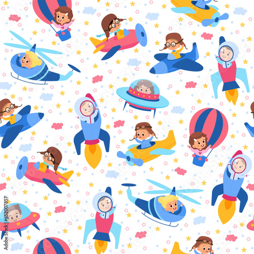 Seamless pattern with kids in airplanes and rockets. Space and sky adventures. Childish nursery decorative background. Decor textile, wrapping paper, wallpaper design. Vector concept