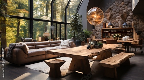 Interior design of a modern living room with handmade wooden log furniture  including a dining table and chairs in a spacious room