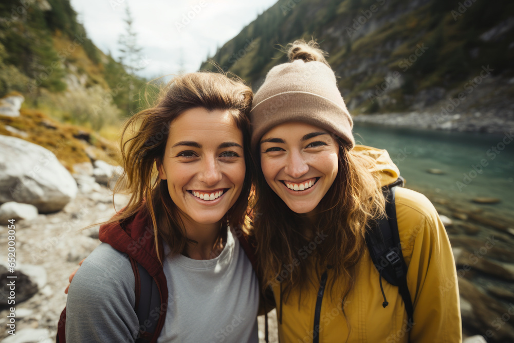 Two female friends taking selfies by a river during a hike along the mountain. Two female friends taking selfies by a river during a hike along the mountain.