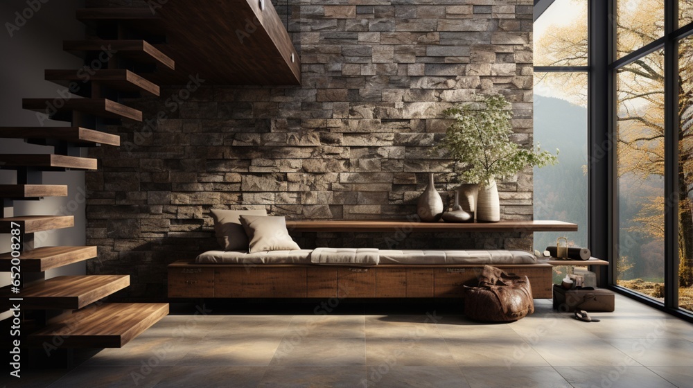 Interior design of a modern rustic entrance hall with a spacious ...