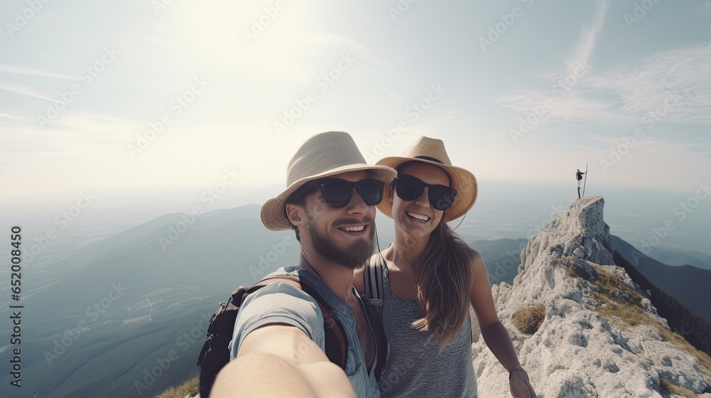 Happy Tourists Taking a Selfie on a Scenic Mountain Top