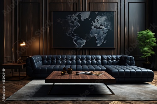 Black leather tufted sofa near dark paneling wall. Interior design of modern living room © Parvez