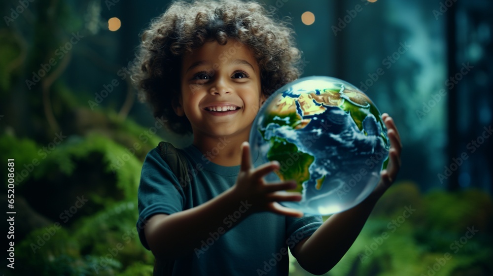 Child holds an illuminated globe and smiles with hope and innocence - obrazy, fototapety, plakaty 