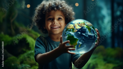 Child holds an illuminated globe and smiles with hope and innocence