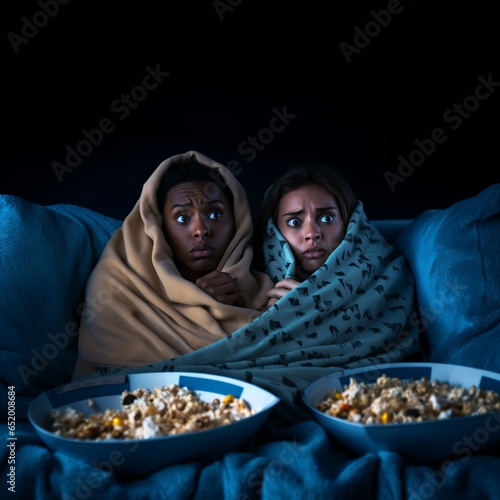 Two scared women watching a horror movie on the couch with blanket and popcorn