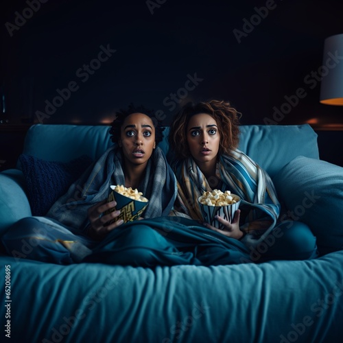 Two scared women watching a horror movie on the couch with popcorn and blanket