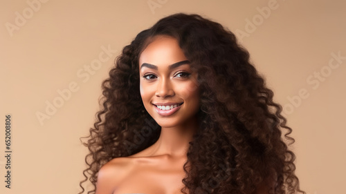 Portrait of a beautiful brunette african woman with long wavy hair.