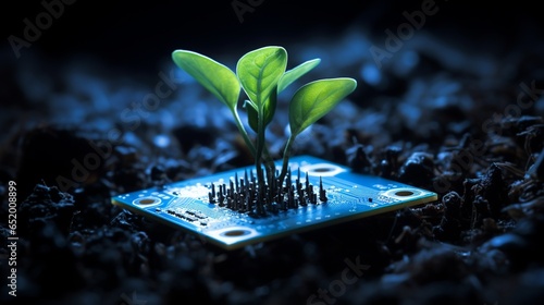 plant grows in microprocessor surronded by soil