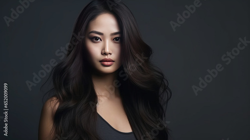 Portrait of a beautiful brunette asian woman with long wavy hair. © JKLoma