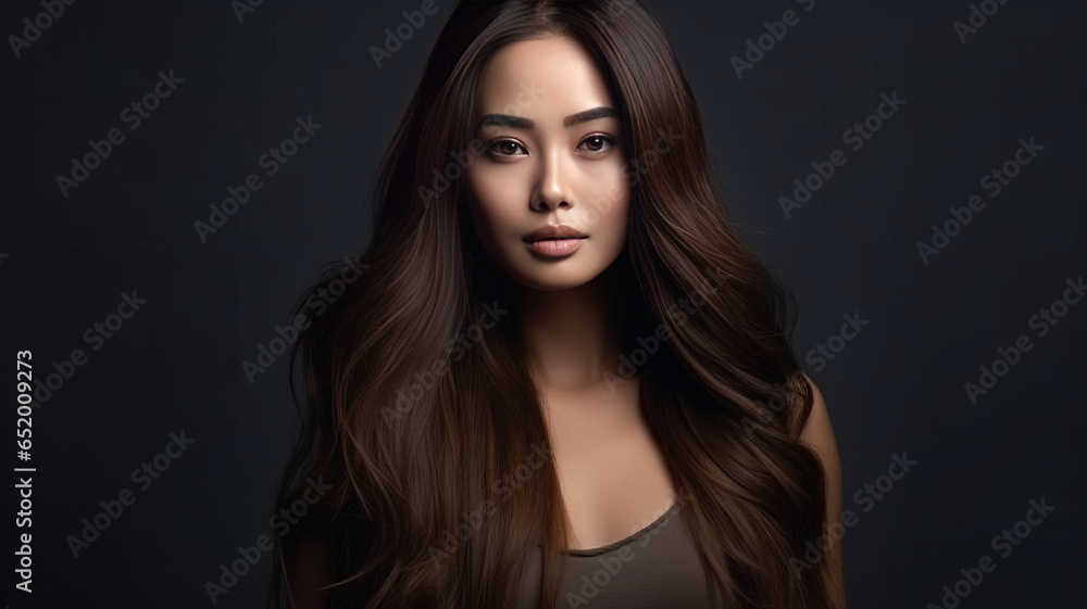 Portrait of a beautiful brunette asian woman with long wavy hair. Portrait of a beautiful brunette asian woman with long wavy hair.