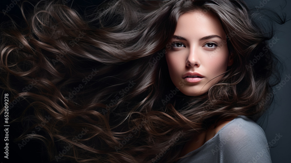 Naklejka premium Portrait of a beautiful brunette woman with long wavy hair