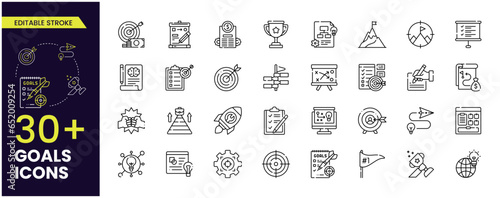 Goal plan editable stroke icons Collections. Strategy, tasks, goals, action, planning, target, plan, collaboration, and analysis, Vector Icons collections