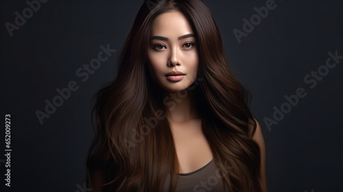 Portrait of a beautiful brunette asian woman with long wavy hair.