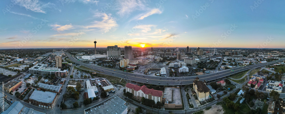 Downtown San Antonio at Sunset: 180 Degree Aerial Panorama