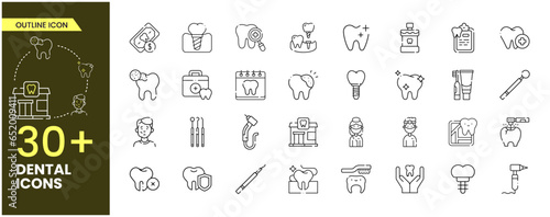 Dental outline Icons collections. Dentist, care, disease, teeth whitening, removal, broken, root canal, tooth filling and wisdom teeth. Vector Icons collections