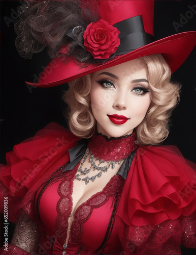 A halloween witch in bright red dress, attractive halloween witch portrait, generative ai