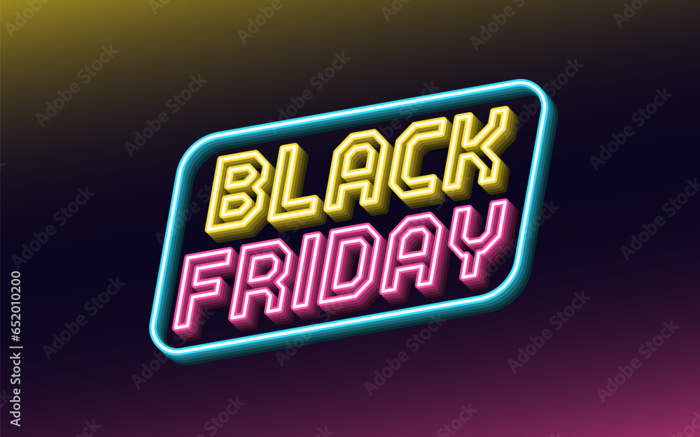 Neon design of Black Friday Sale banner. Outline neon italic text Black Friday with inclined frame. Yellow, pink and blue. Text template for digital ad and social media banners. Vector illustration