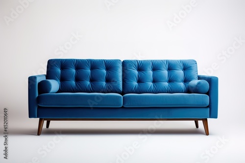 Minimalist Marvel Studio shot of a navy blue sofa on a carpet isolated on white background © Parvez