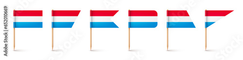 Luxembourgish toothpick flags. Souvenir from Luxembourg. Wooden toothpicks with paper flag. Location mark, map pointer. Blank mockup for advertising and promotions. Vector illustration