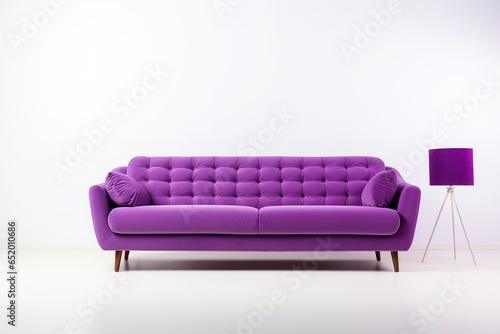 Minimalist Marvel Studio shot of a purple sofa on a carpet isolated on white background © Parvez