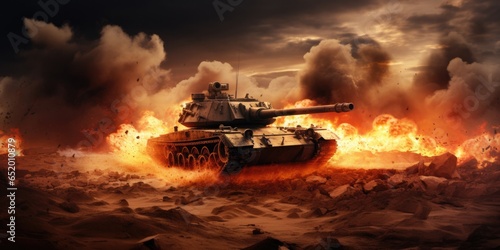Armored Tank In A Minefield An Armored Tank Navigating A Minefield During A War Invasion Depicted In An Epic Scene With Fire And Smoke In The Desert Offering Room For Text