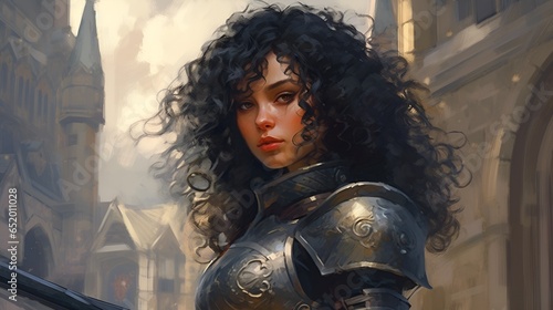 Portrait of a young curly haired warrior woman in a medieval/fantasy setting and armor
