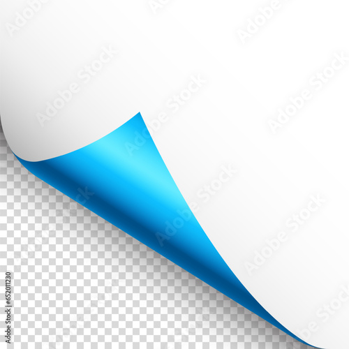 Blue paper curl. Curled page corner with shadow. Blank sheet of paper. Colorful shiny foil. Design element for advertising and promotion. Vector illustration.