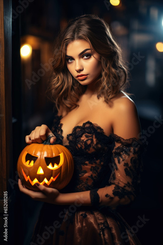 Beautiful young woman in black dress with halloween pumpkin.