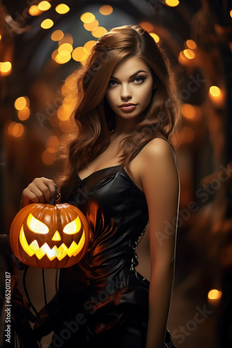 Halloween. Beautiful young woman in black dress with pumpkin on dark background
