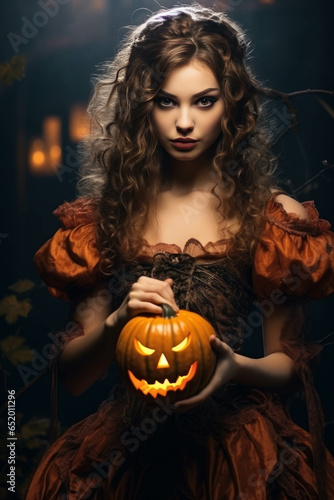 Portrait of beautiful young woman in halloween costume holding pumpkin