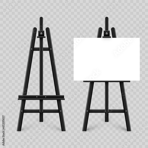 Realistic paint desk with blank white canvas. Black wooden easel and a sheet of drawing paper. Presentation board on a tripod. Artwork mockup, template. Vector illustration