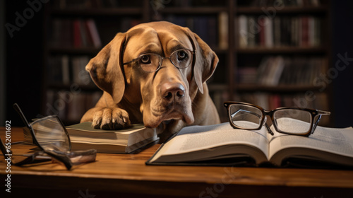 Serious dog in the form of an accountant or librarian sitting at a desk with an open book