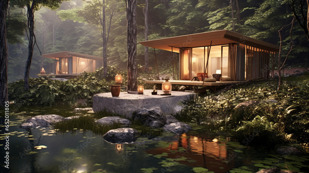 Obraz premium concept design for modern thai style cabins in the woods with small hot pools fed be a creek.generative ai