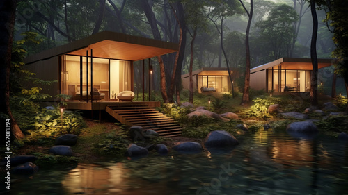 concept design for modern thai style cabins in the woods with small hot pools fed be a creek.generative ai photo