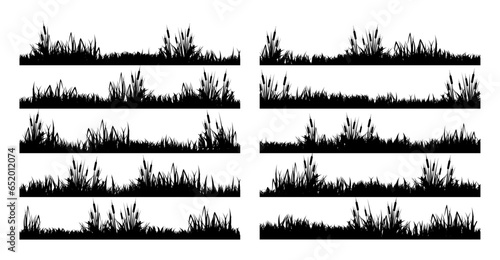 Meadow silhouettes with grass, plants on plain. Panoramic summer lawn landscape with herbs, various weeds. Herbal border, frame element. Black horizontal banners. Vector illustration