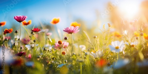 A Vibrant Flower Meadow With Sunbeams A Blue Sky And Bokeh Lights In The Summer This Image Like The Previous One Represents The Beauty Of Nature During The Warm Season