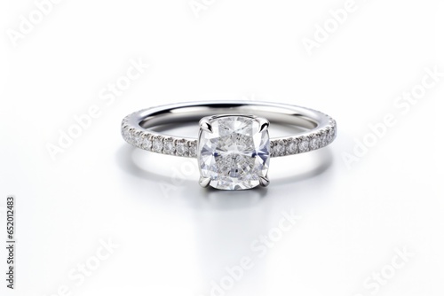 A White Gold Band With A Cushion Cut Diamond And Diamond On A White Background