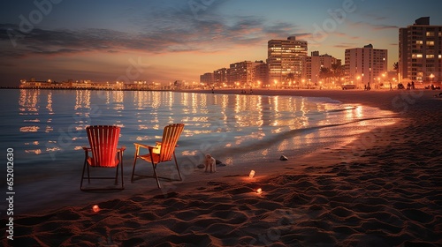 A lively urban beach at sundown city lights reflection. a relaxing night time view background. 