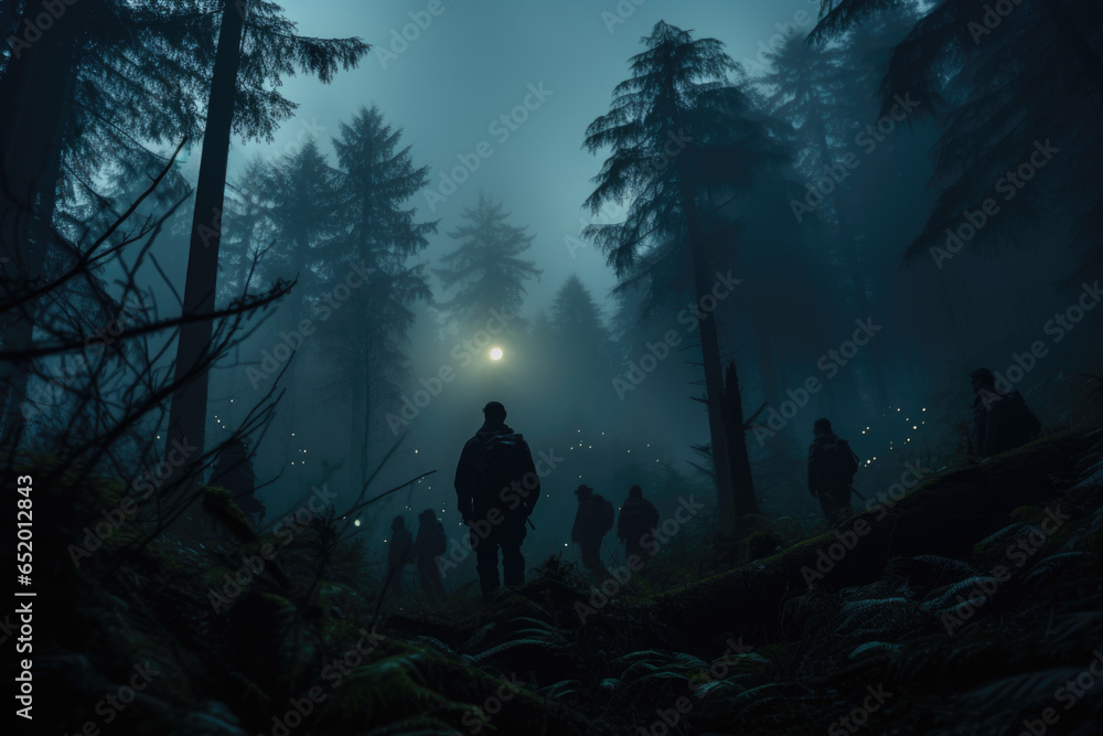 A foggy forest scene with mysterious silhouettes lurking in the background. Generative Ai.