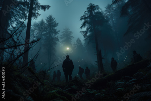 A foggy forest scene with mysterious silhouettes lurking in the background. Generative Ai. © Sebastian