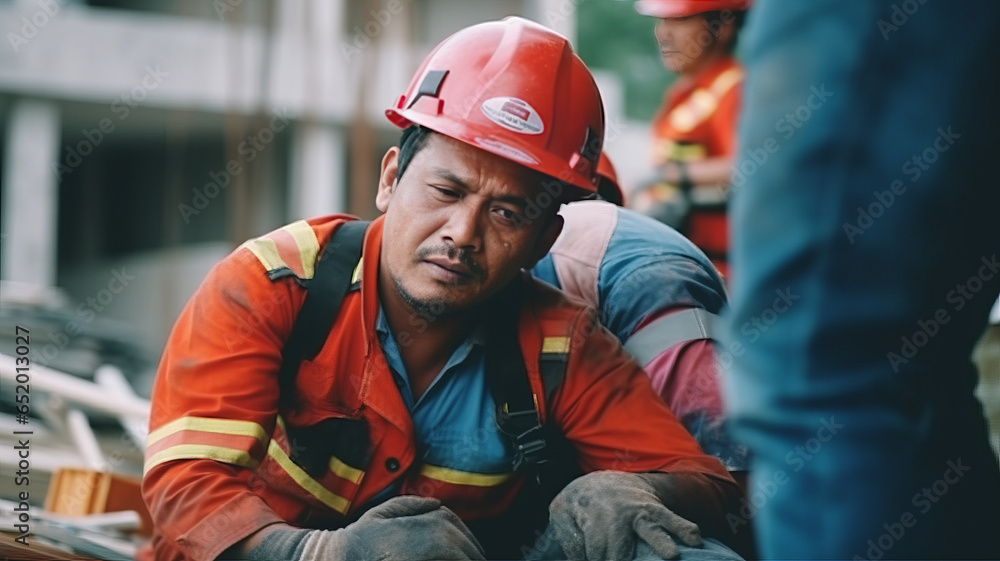 First aid support accident in site work, Builder accident fall scaffolding to the floor.generative ai First aid support accident in site work, Builder accident fall scaffolding to the floor.generative ai