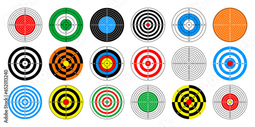 Shooting range paper targets. Round target with divisions, marks and numbers. Archery, gun shooting practise and training, sport competition and hunting. Bullseye and aim. Vector illustration
