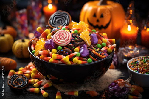 A close-up of colorful Halloween candies and treats in a festive bowl. Generative Ai. © Sebastian