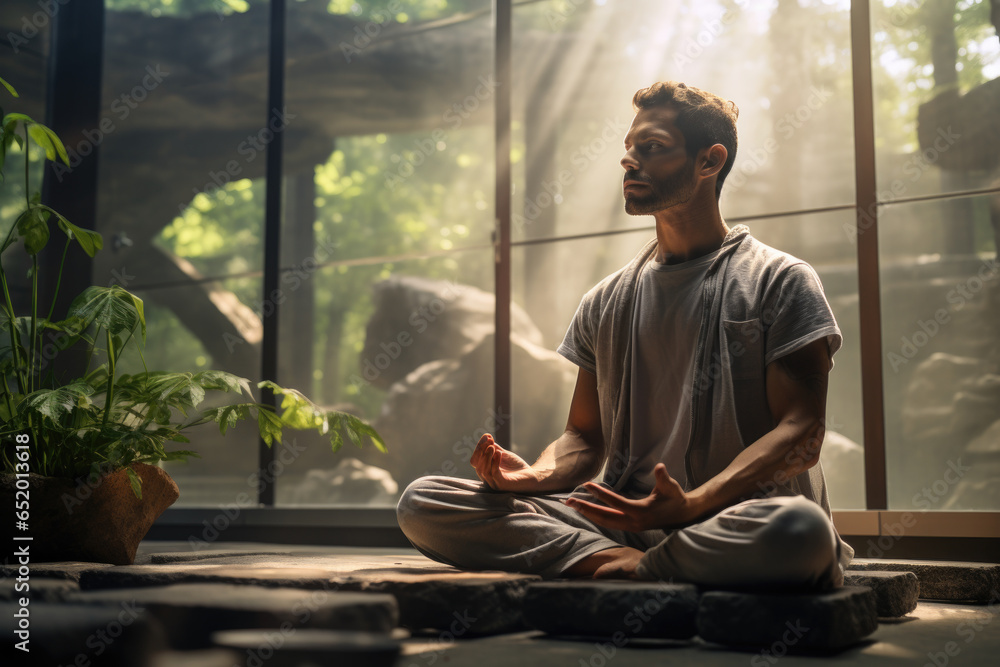 A person meditating in a calming indoor sanctuary with soft natural light. Generative Ai.